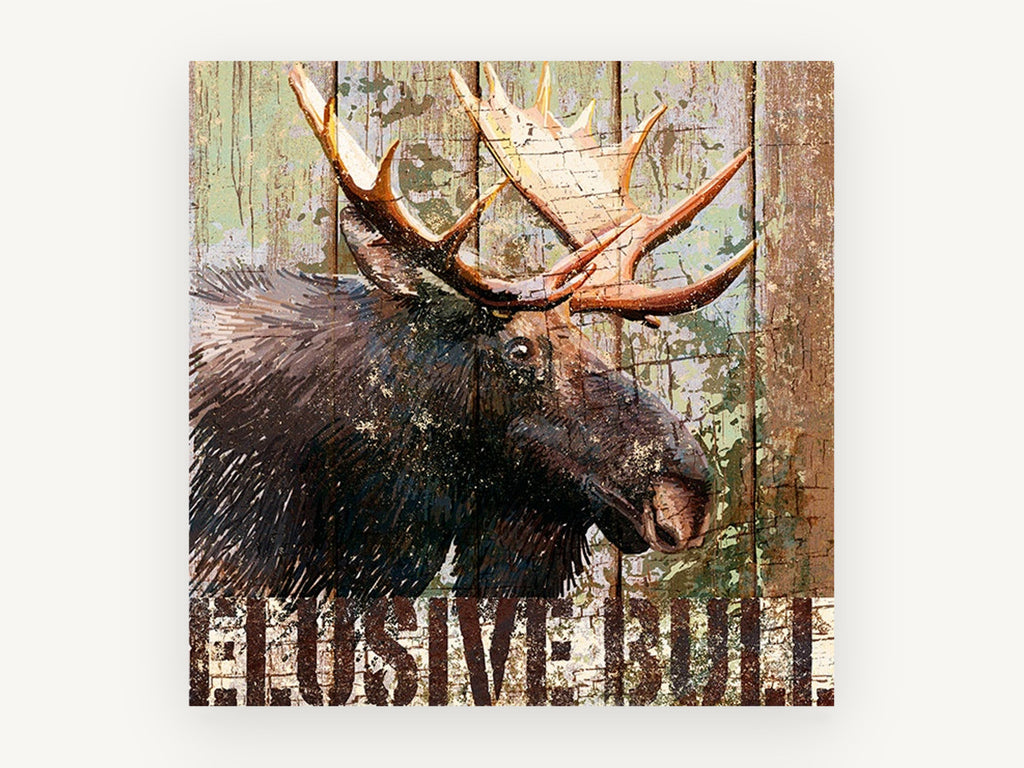 Weathered Timber Moose, rustic moose illustration on timber, animal canvas wall art print, front view