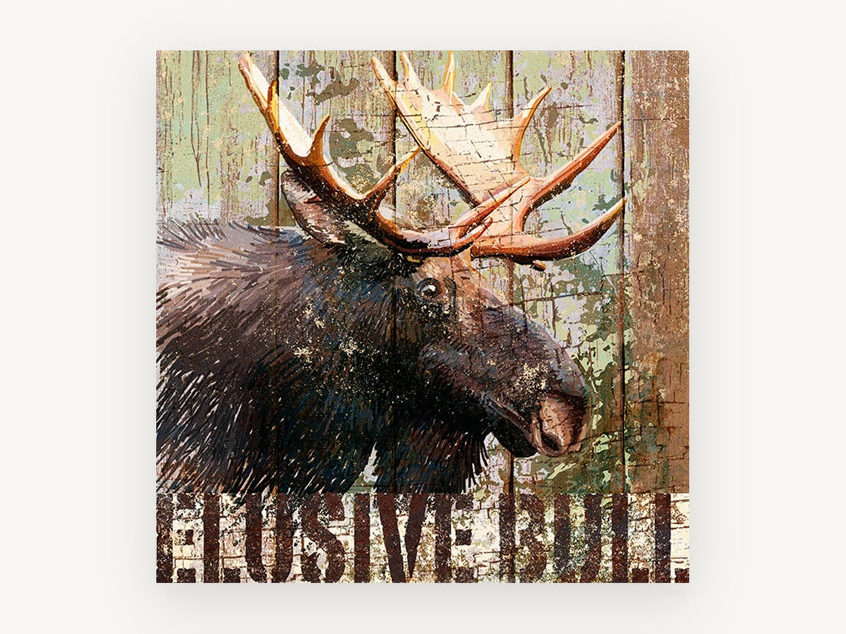 Weathered Timber Moose, rustic moose illustration on timber, animal canvas wall art print, front view