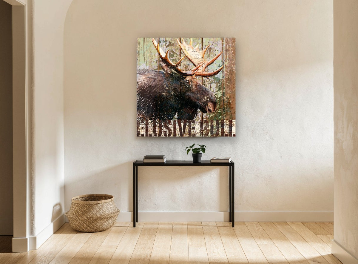 Weathered Timber Moose animal canvas print on the wall of a hallway