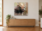 Weathered Timber Moose animal canvas print on the wall of a living room above a sideboard