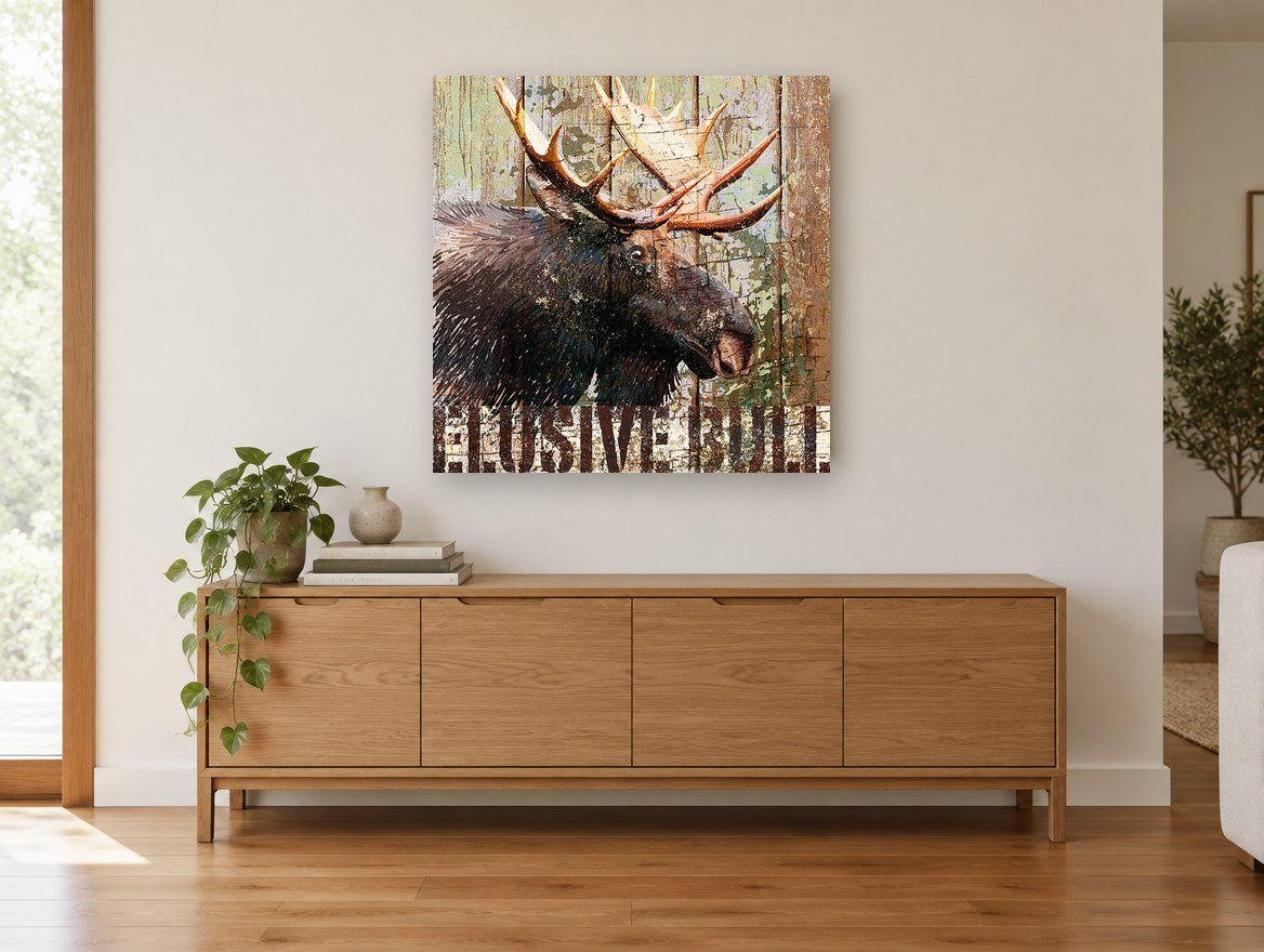Weathered Timber Moose animal canvas print on the wall of a living room above a sideboard