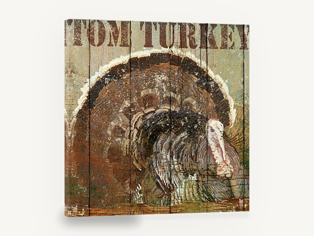 Tom Turkey Rustic Plank, rustic turkey illustration on wood, animal canvas wall art print ready to hang