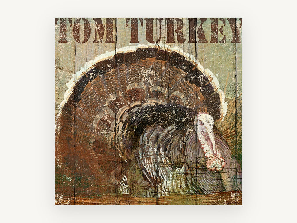 Tom Turkey Rustic Plank, rustic turkey illustration on wood, animal canvas wall art print, front view