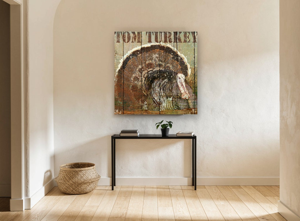 Tom Turkey Rustic Plank animal canvas print on the wall of a hallway