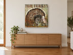 Tom Turkey Rustic Plank animal canvas print on the wall of a living room above a sideboard