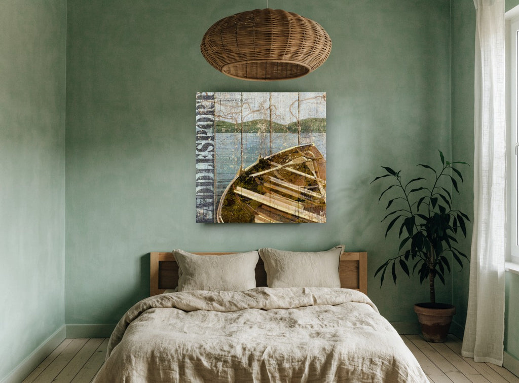 Weathered Lake Rowboat landscape canvas print on the wall of a bedroom