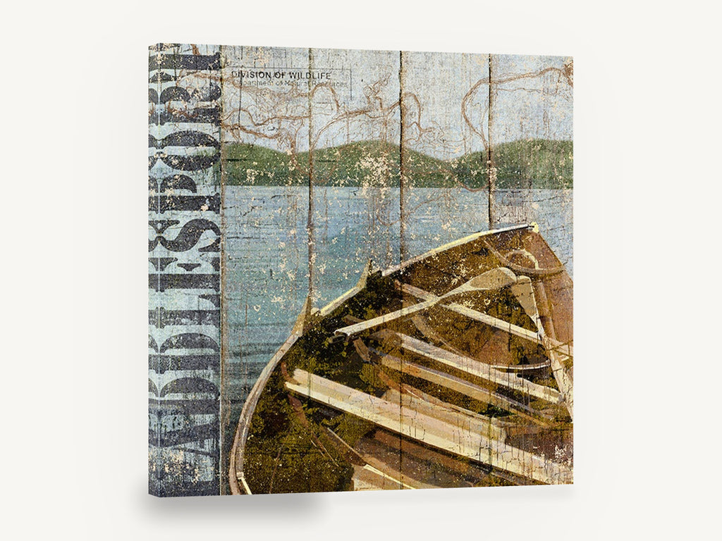 Weathered Lake Rowboat, rustic rowboat lake typography, landscape canvas wall art print ready to hang