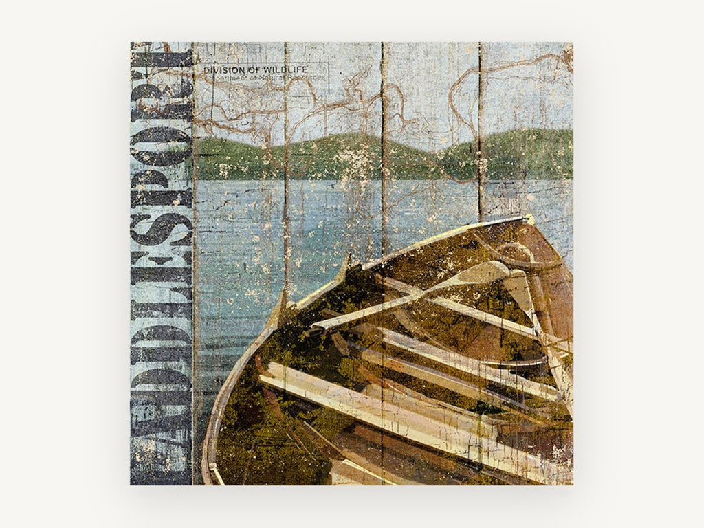 Weathered Lake Rowboat, rustic rowboat lake typography, landscape canvas wall art print, front view