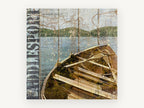 Weathered Lake Rowboat, rustic rowboat lake typography, landscape canvas wall art print, front view