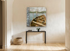 Weathered Lake Rowboat landscape canvas print on the wall of a hallway
