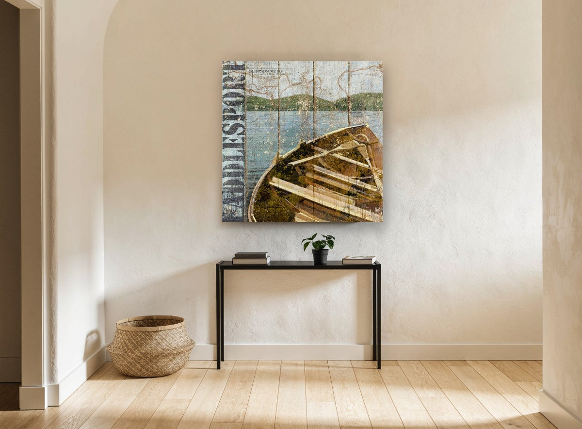 Weathered Lake Rowboat landscape canvas print on the wall of a hallway