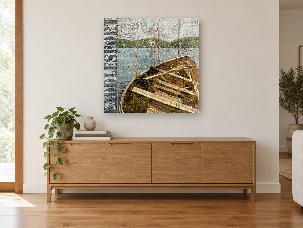 Weathered Lake Rowboat landscape canvas print on the wall of a living room above a sideboard