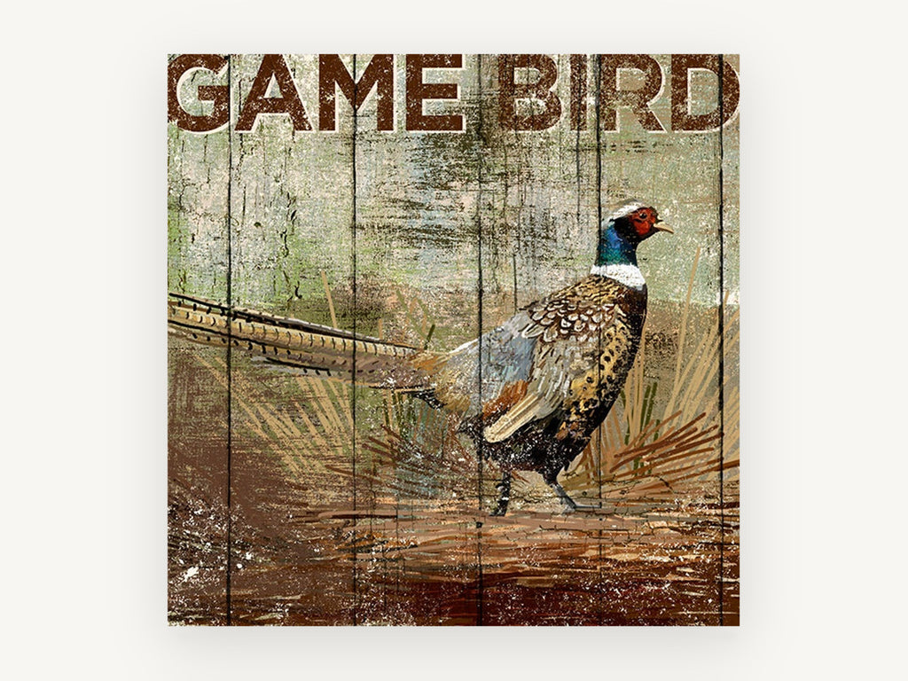 Rustic Ring-Necked Pheasant, pheasant rustic timber sign illustration, animal canvas wall art print, front view