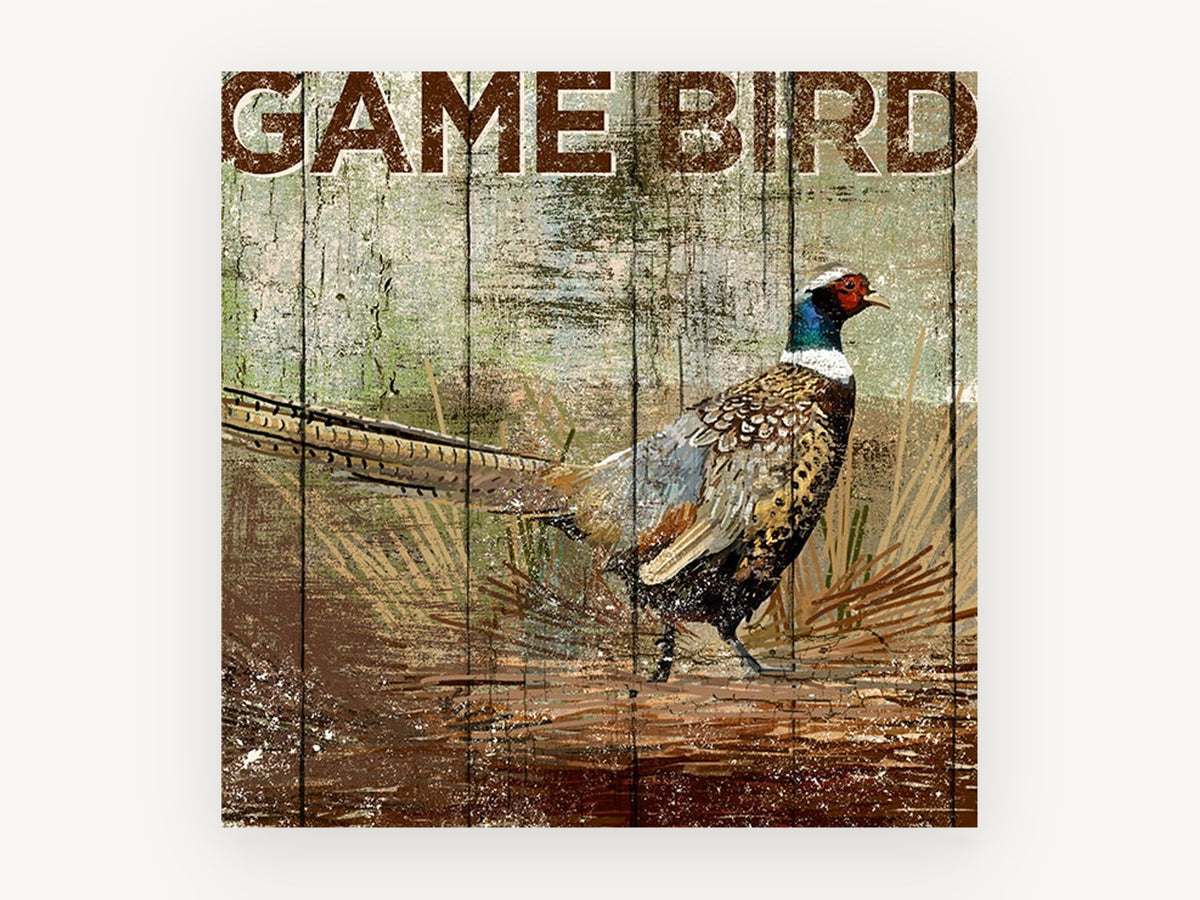 Rustic Ring-Necked Pheasant, pheasant rustic timber sign illustration, animal canvas wall art print, front view