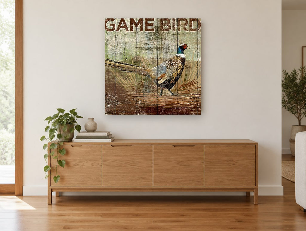 Rustic Ring-Necked Pheasant animal canvas print on the wall of a living room above a sideboard
