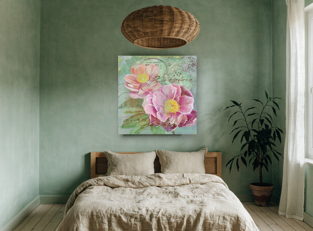 Peonies in the Garden floral canvas print on the wall of a bedroom