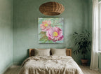 Peonies in the Garden floral canvas print on the wall of a bedroom
