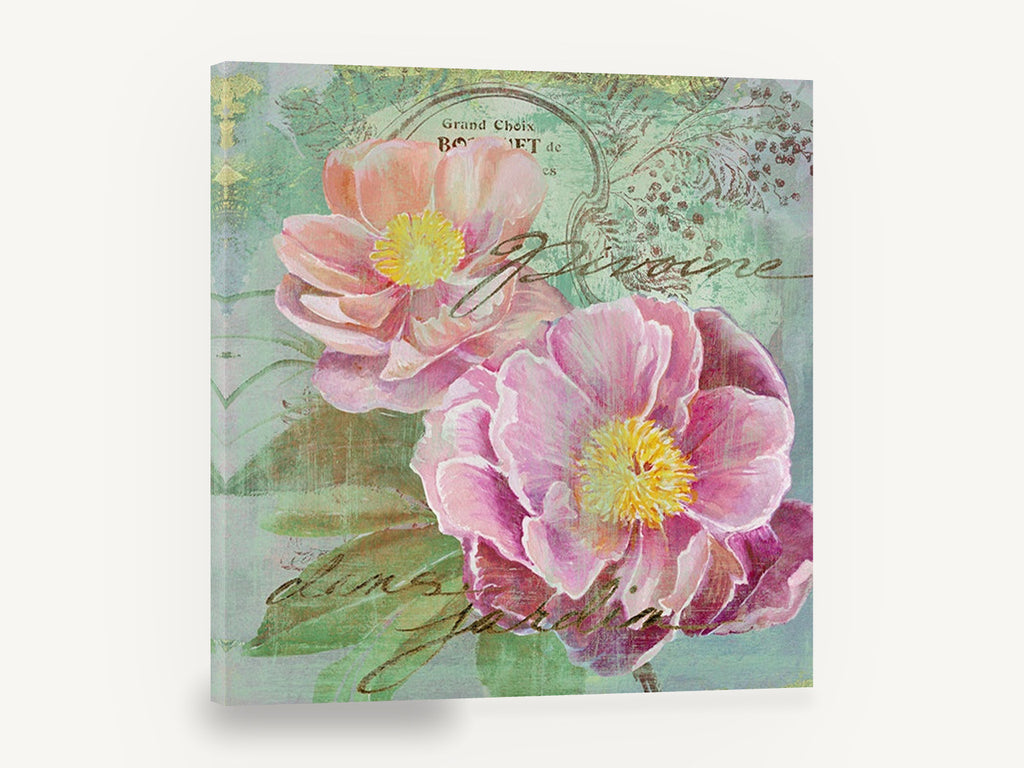 Peonies in the Garden, pink peony vintage french botanical, floral canvas wall art print ready to hang
