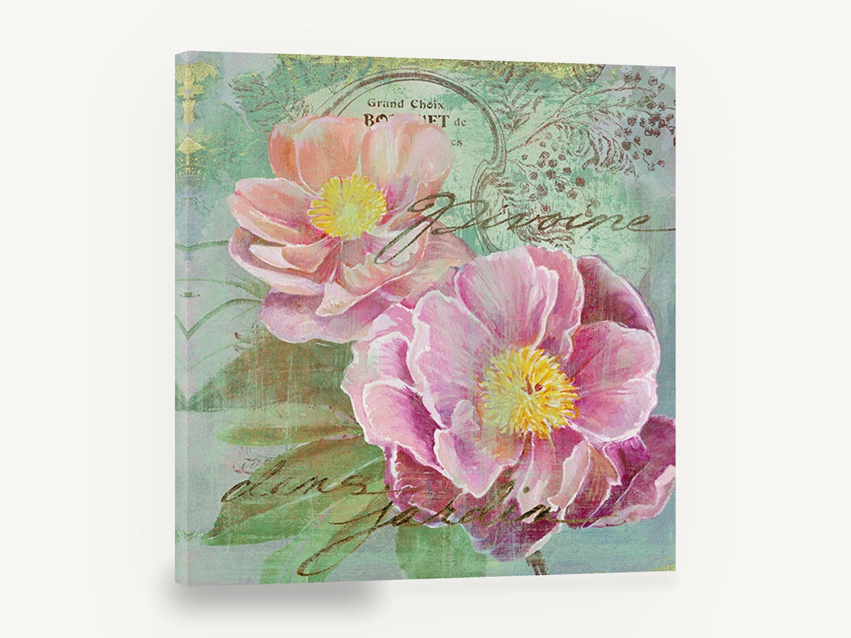 Peonies in the Garden, pink peony vintage french botanical, floral canvas wall art print ready to hang