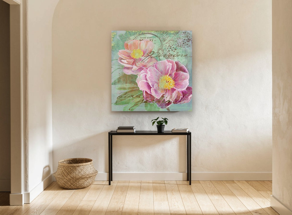 Peonies in the Garden floral canvas print on the wall of a hallway