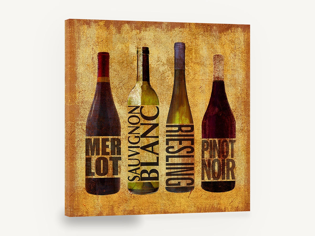 Four Wine Varietals, wine bottles typography varietals kitchen, kitchen canvas wall art print ready to hang