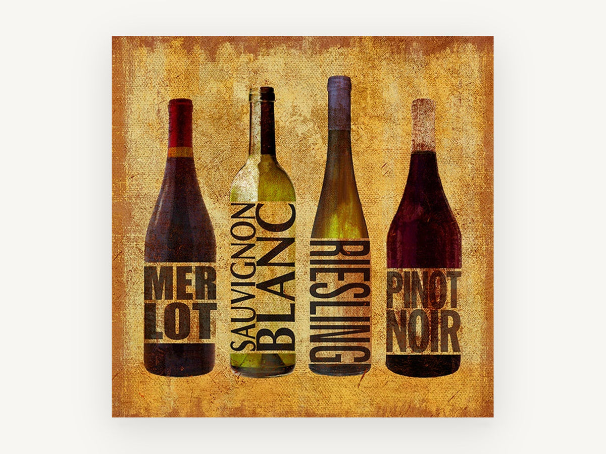 Four Wine Varietals, kitchen canvas wall art print, front view