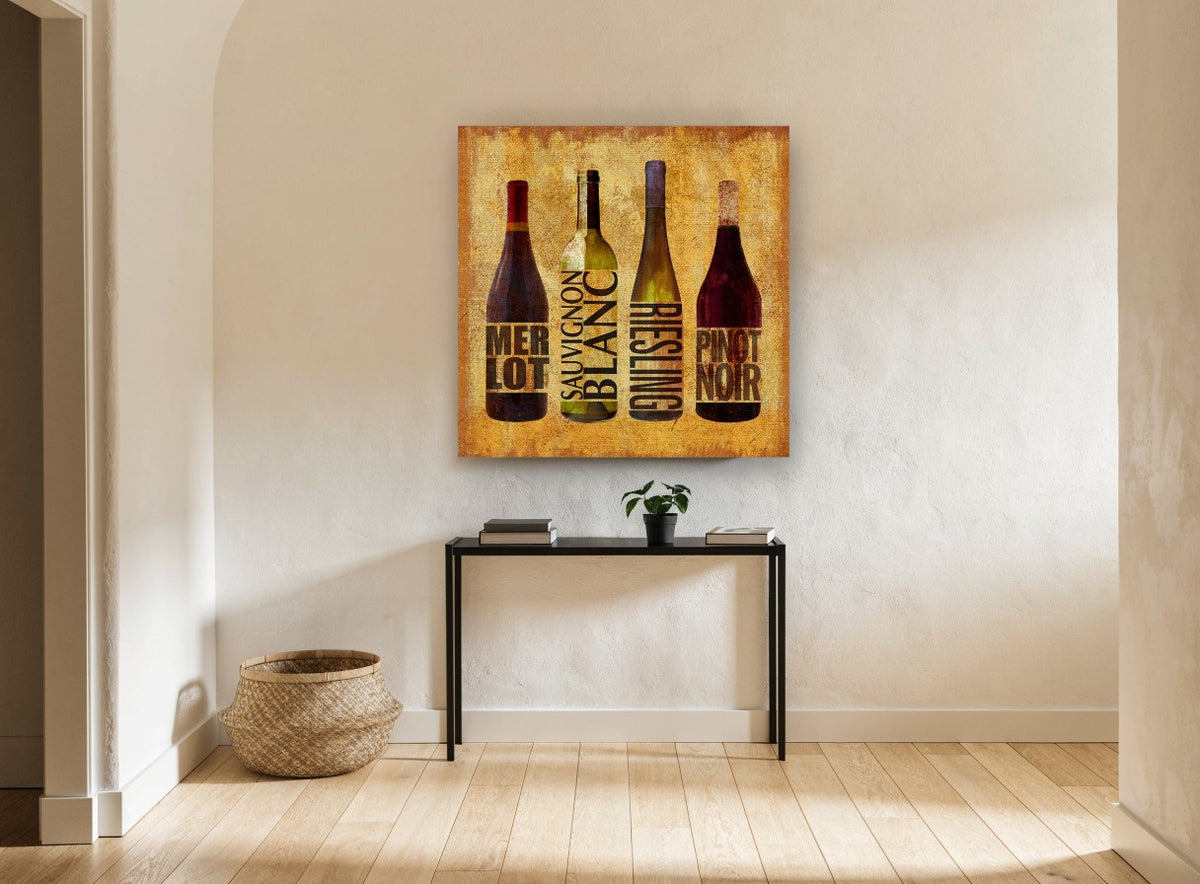 Four Wine Varietals kitchen canvas print on the wall of a hallway