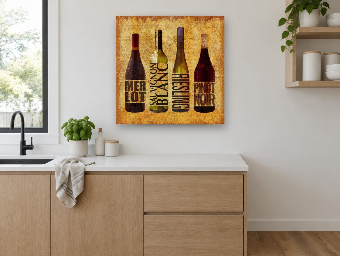 Four Wine Varietals kitchen canvas print on the wall of a kitchen