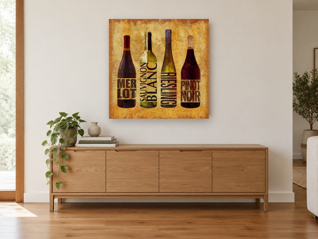Four Wine Varietals kitchen canvas print on the wall of a living room above a sideboard