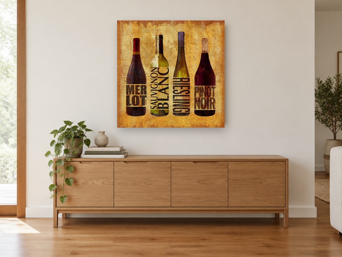 Four Wine Varietals kitchen canvas print on the wall of a living room above a sideboard
