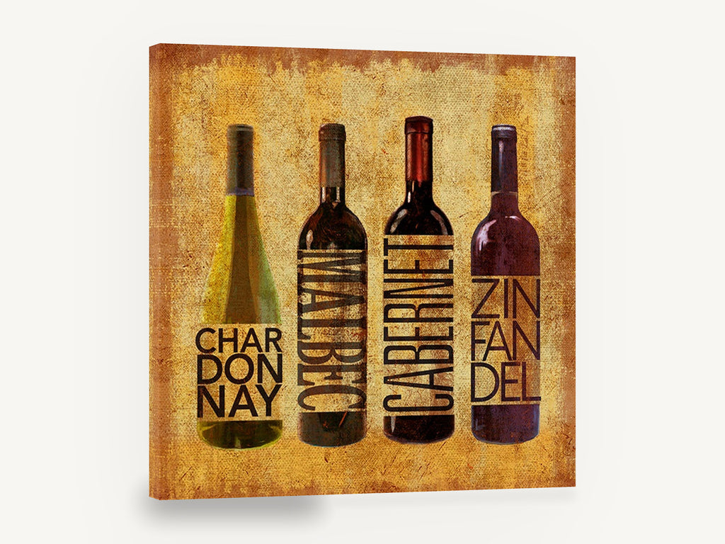 Four Varietals Lineup, wine bottles typography kitchen, kitchen canvas wall art print ready to hang