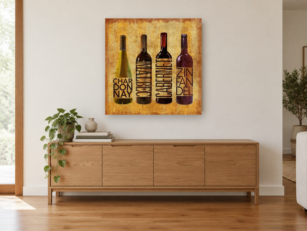 Four Varietals Lineup kitchen canvas print on the wall of a living room above a sideboard