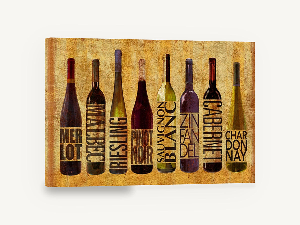 Cellar Lineup, wine bottles varietal typography kitchen, kitchen canvas wall art print ready to hang