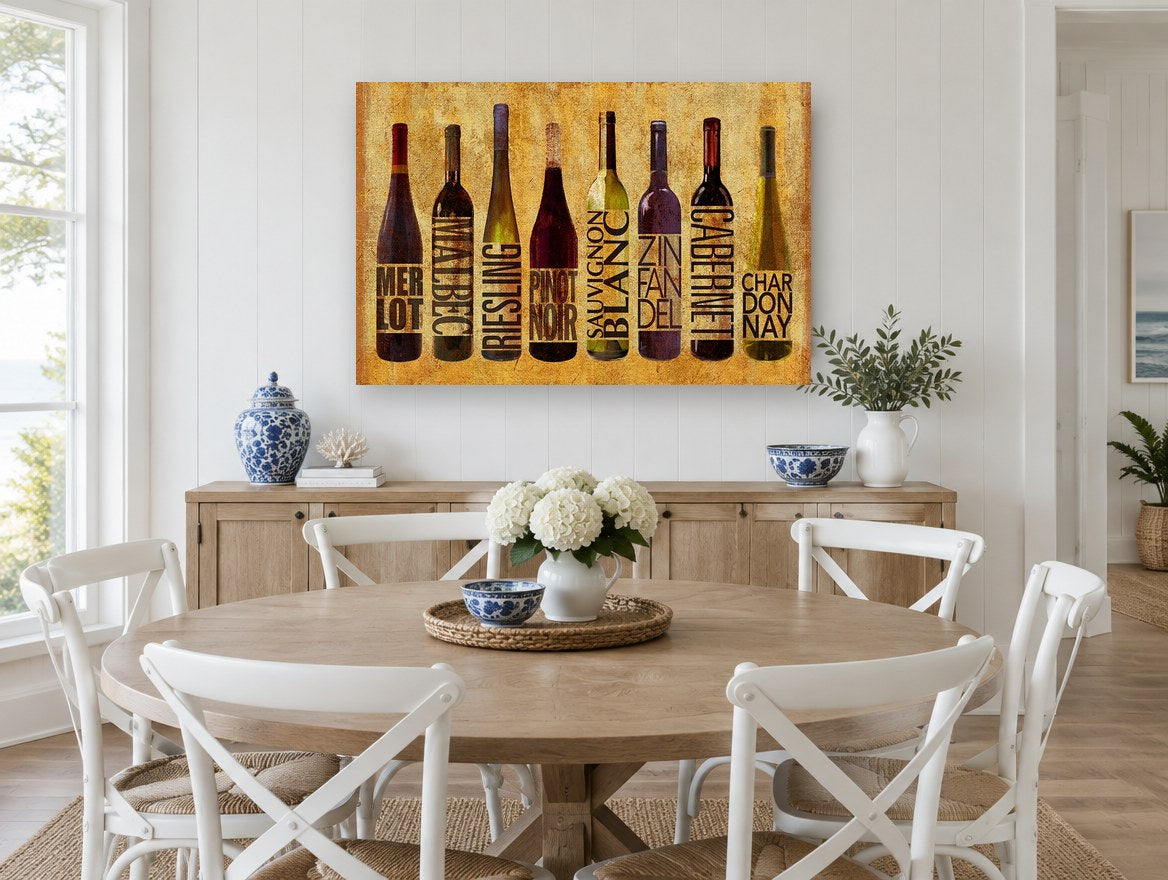Cellar Lineup kitchen canvas print on the wall of a Hamptons dining room