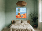 Lighthouse Shells Collage coastal canvas print on the wall of a bedroom
