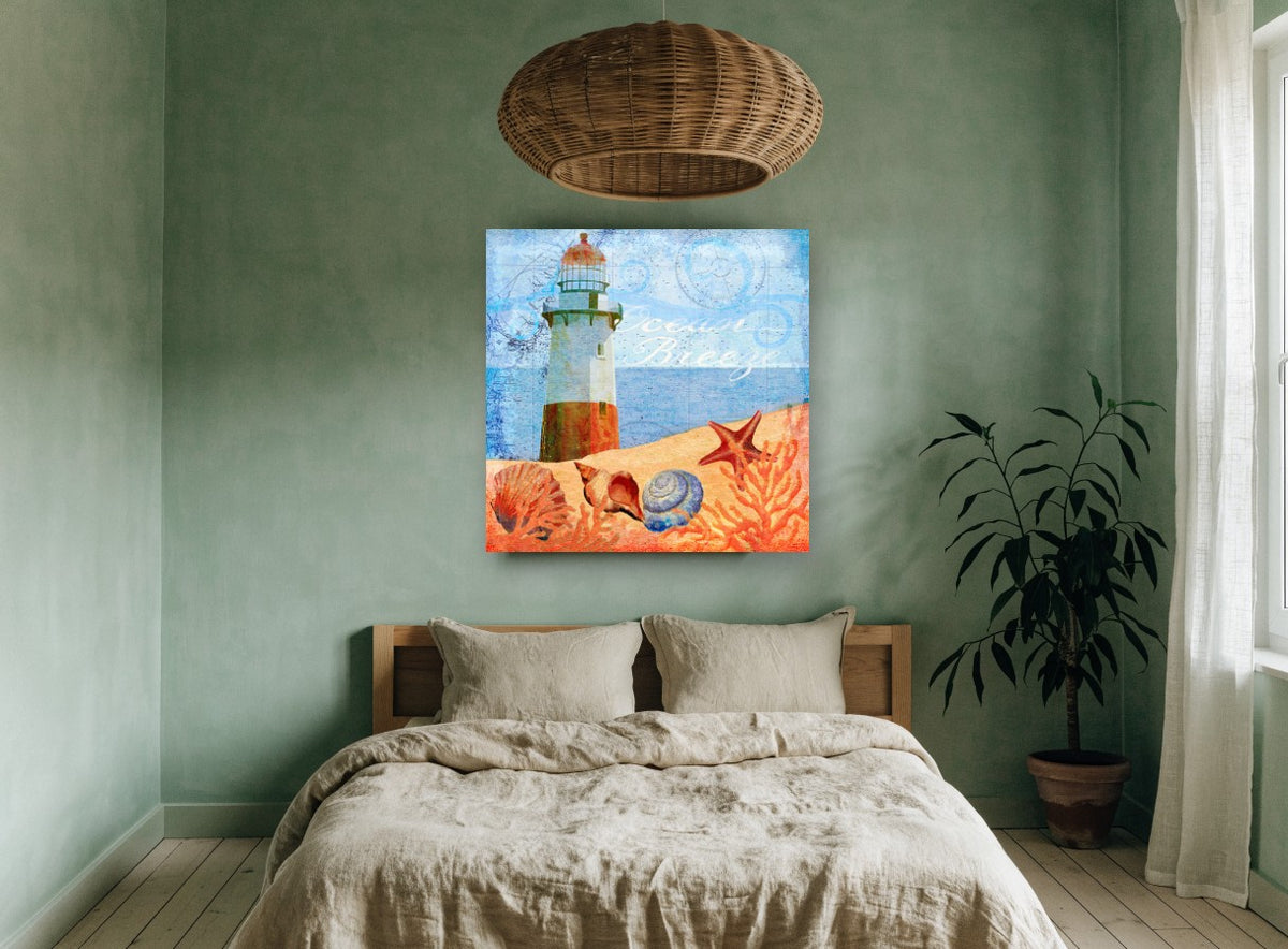 Lighthouse Shells Collage coastal canvas print on the wall of a bedroom