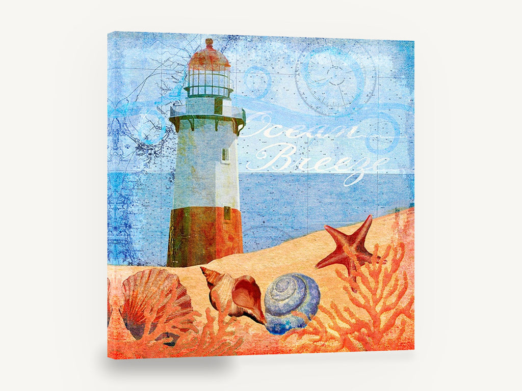 Lighthouse Shells Collage, lighthouse seashells coastal collage, coastal canvas wall art print ready to hang