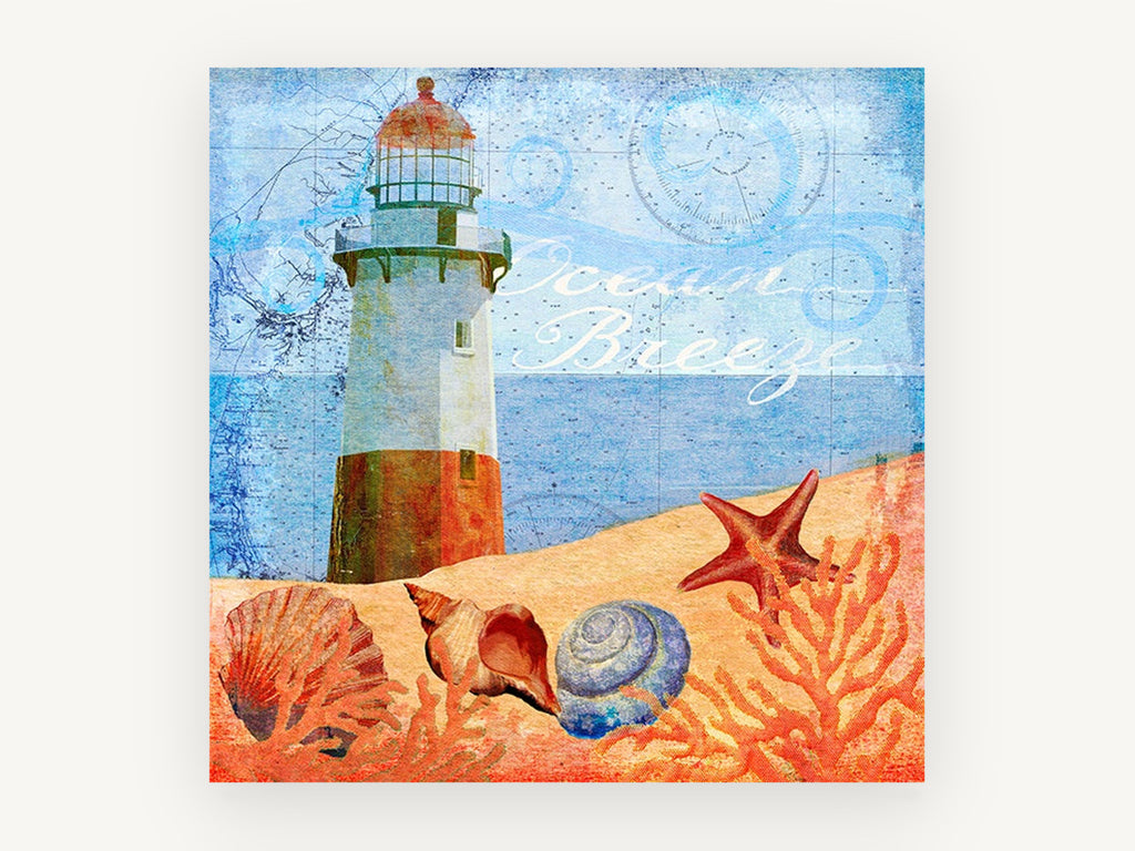 Lighthouse Shells Collage, coastal canvas wall art print, front view
