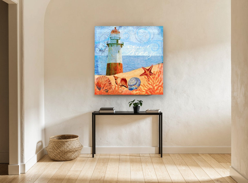Lighthouse Shells Collage coastal canvas print on the wall of a hallway
