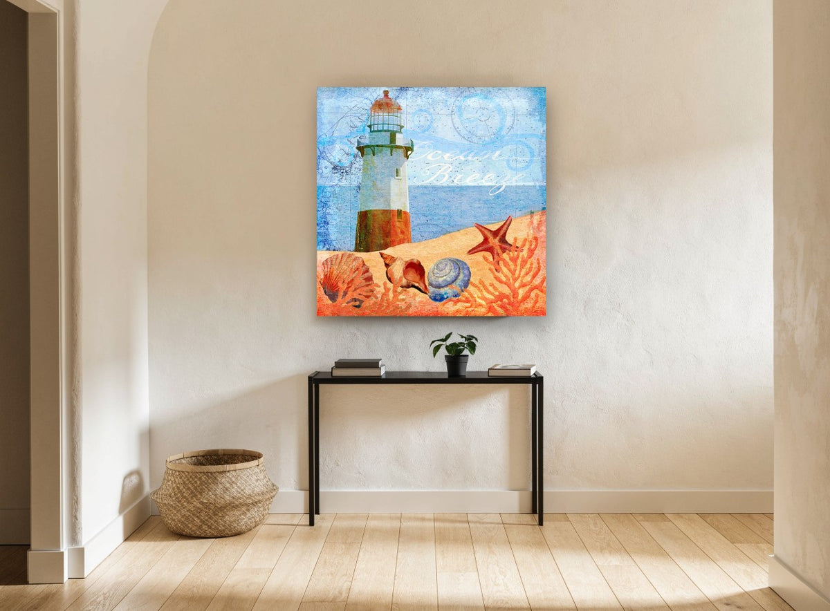 Lighthouse Shells Collage coastal canvas print on the wall of a hallway