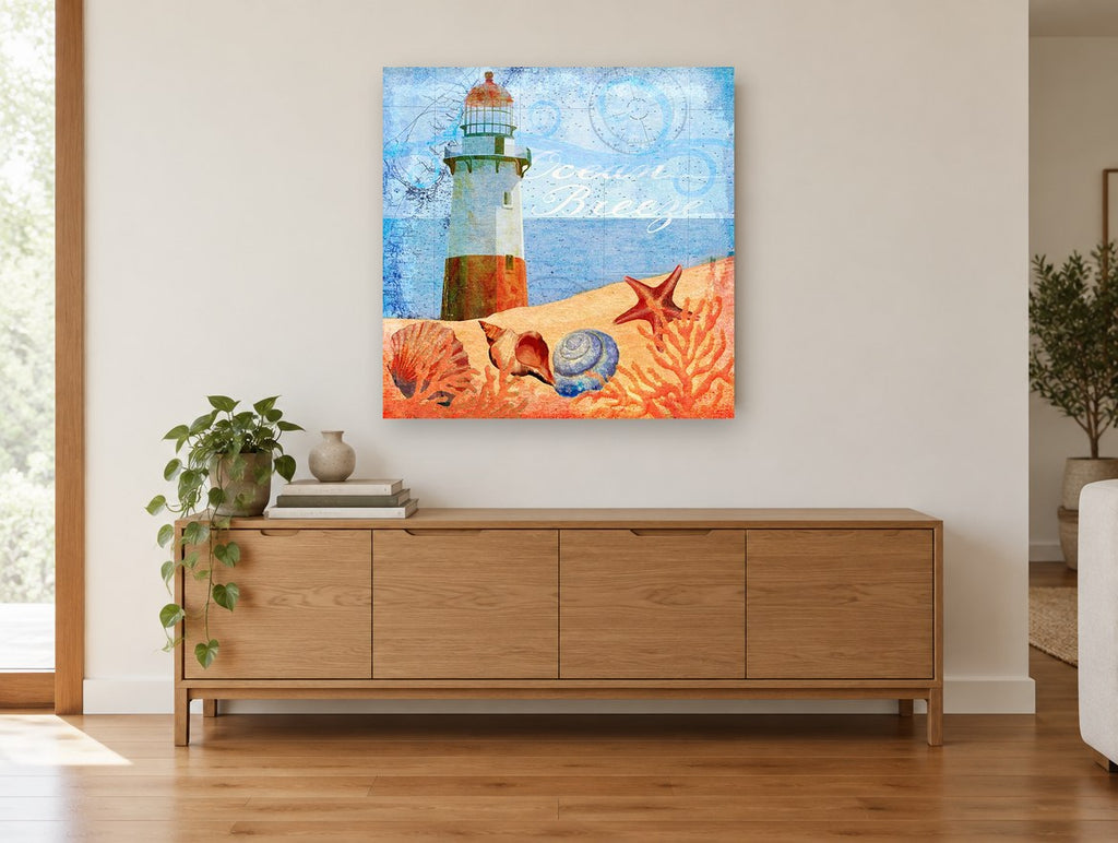 Lighthouse Shells Collage coastal canvas print on the wall of a living room above a sideboard