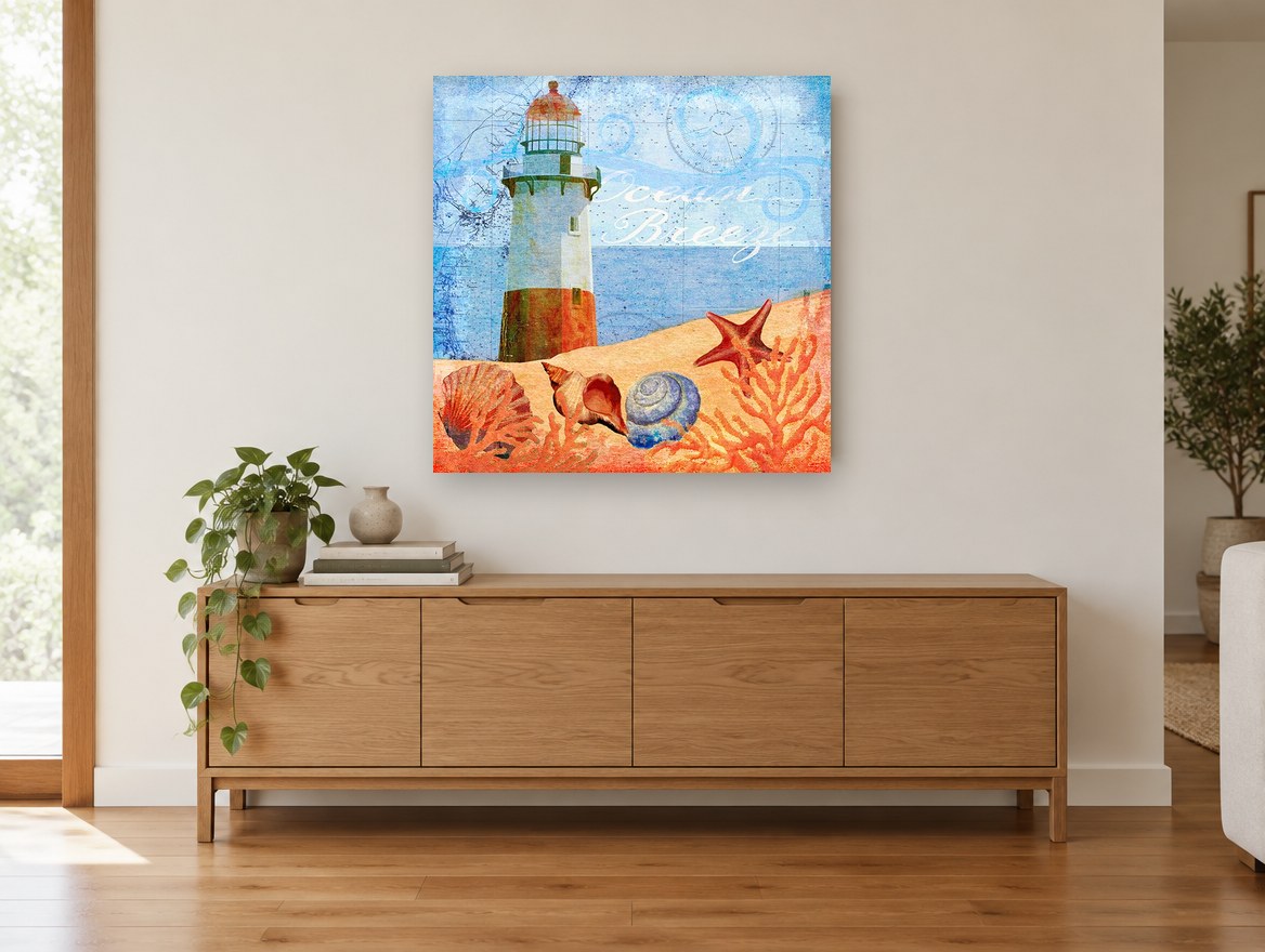 Lighthouse Shells Collage coastal canvas print on the wall of a living room above a sideboard