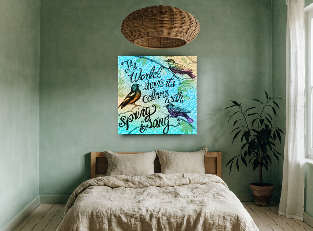 Spring Song Birds animal canvas print on the wall of a bedroom