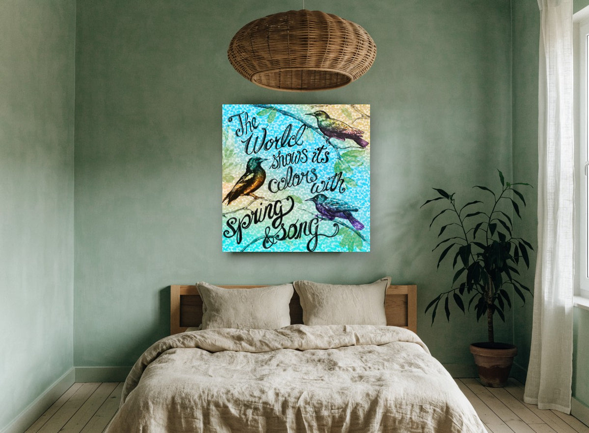 Spring Song Birds animal canvas print on the wall of a bedroom