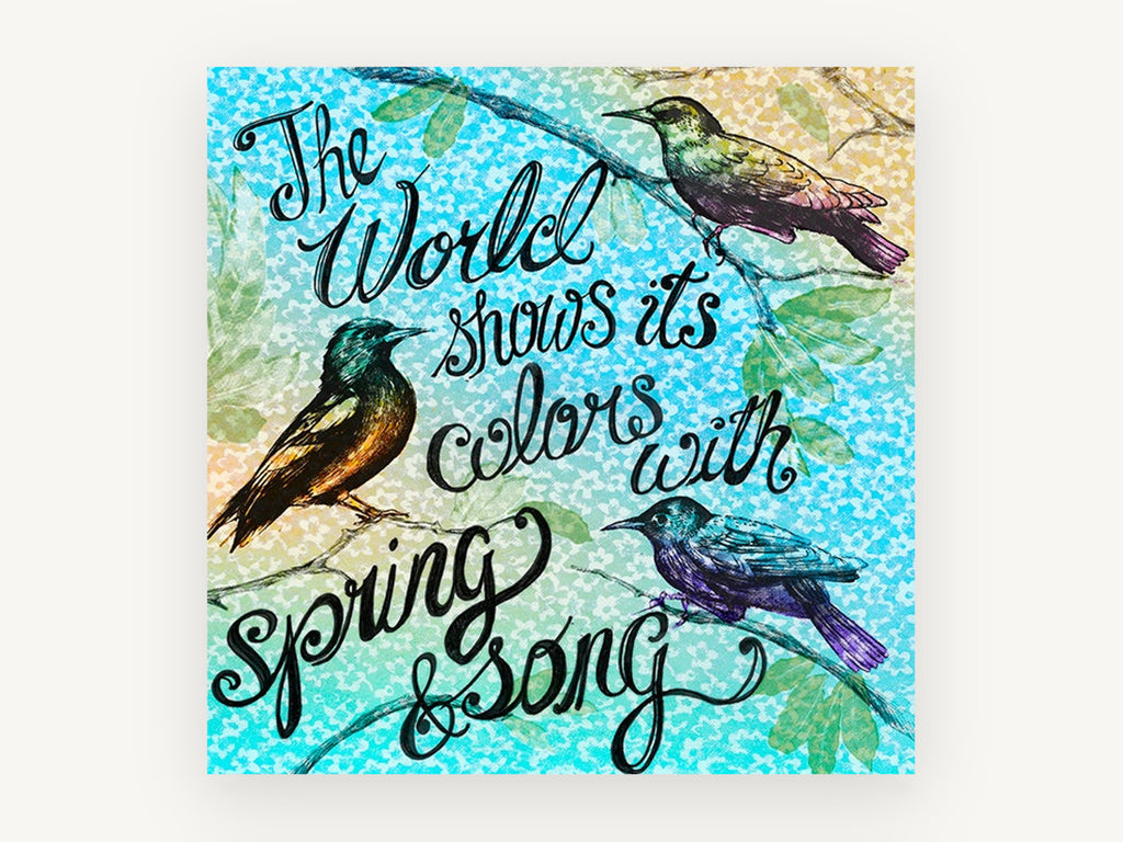 Spring Song Birds, spring song bird typography illustration, animal canvas wall art print, front view