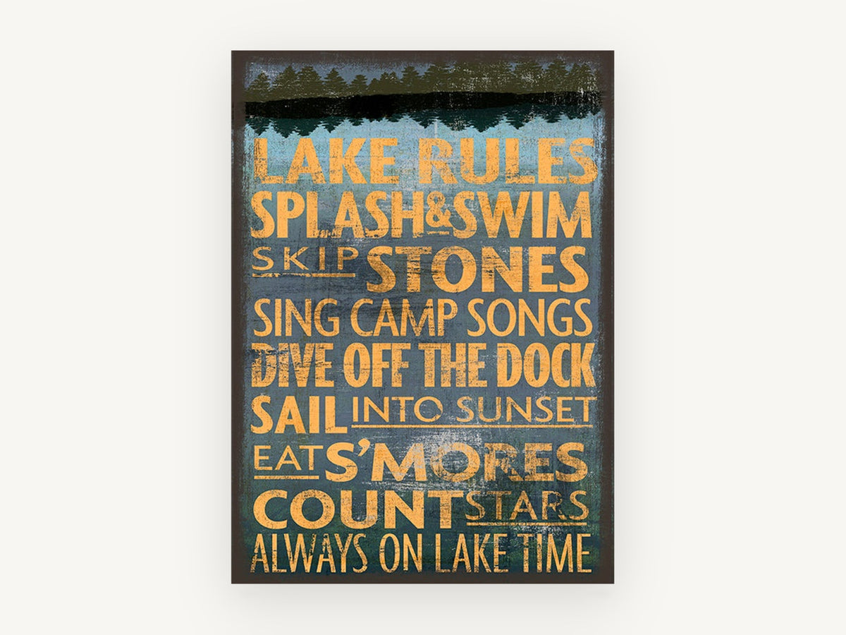 Lake Time Typography, lake rules typography sign, landscape canvas wall art print, front view