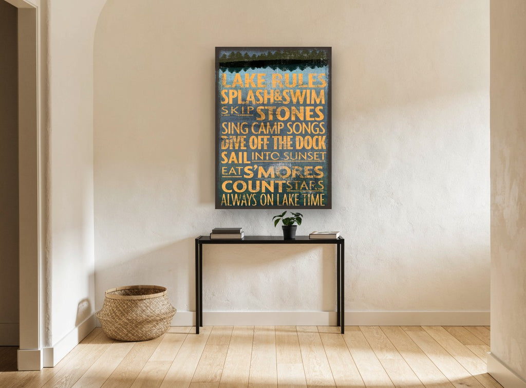 Lake Time Typography landscape canvas print on the wall of a hallway
