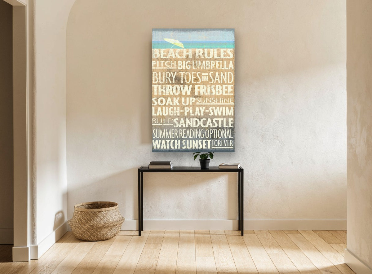 Beach Day Rules coastal canvas print on the wall of a hallway