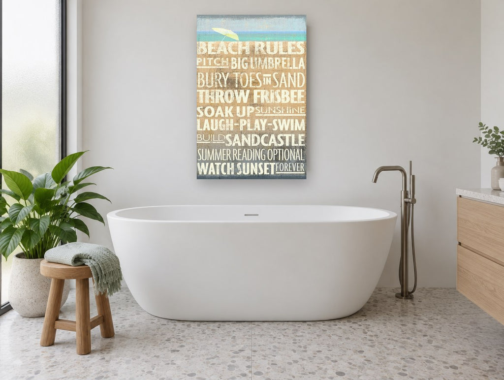 Beach Day Rules coastal canvas print on the wall of a bathroom