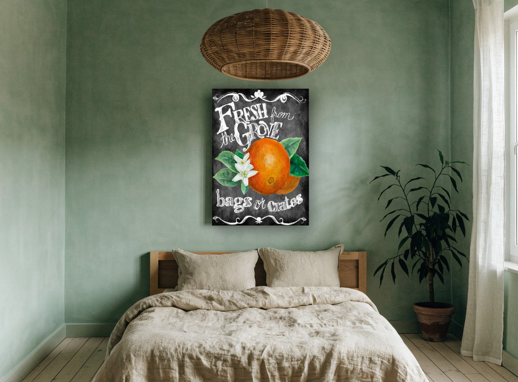 Orange Grove Chalkboard floral canvas print on the wall of a bedroom